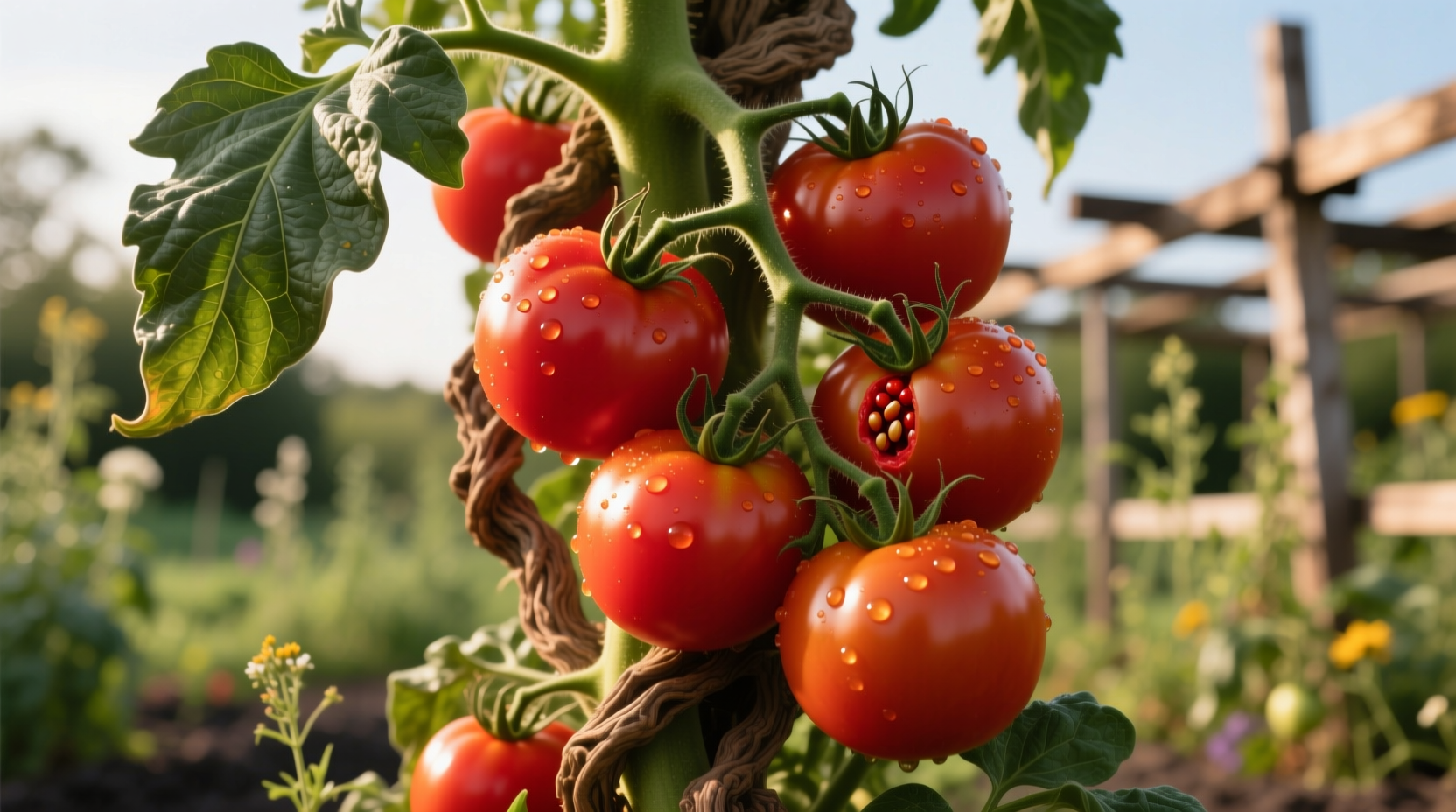 Giant tomato plant with mature fruit on vine
