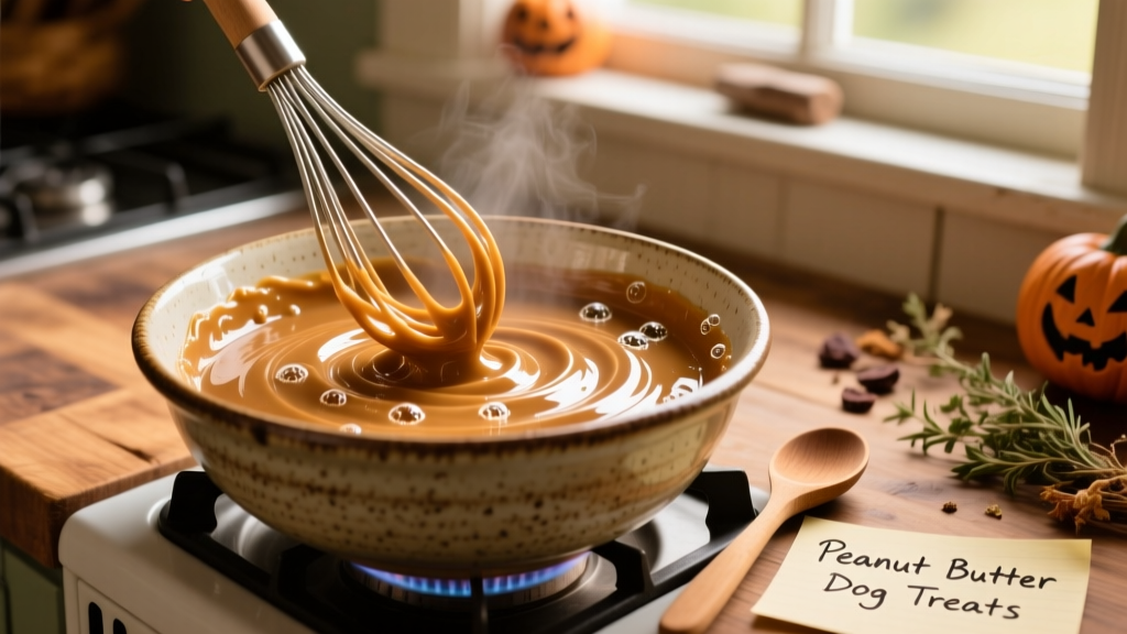 Close-up of melted carob and coconut oil mixture being whisked smooth in a heat-safe bowl over simmering water