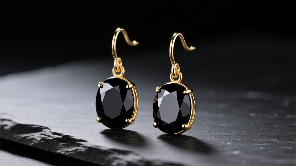 Macro photo of 14k gold drop earrings with black onyx gems resting on dark slate under soft, directional studio lighting.