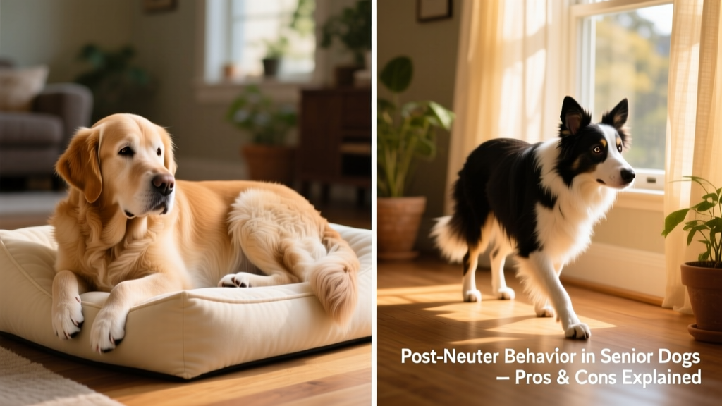 Side-by-side comparison: a calm, relaxed senior dog resting comfortably on a soft bed versus an anxious, pacing dog near a window—illustrating behavioral differences post-neuter