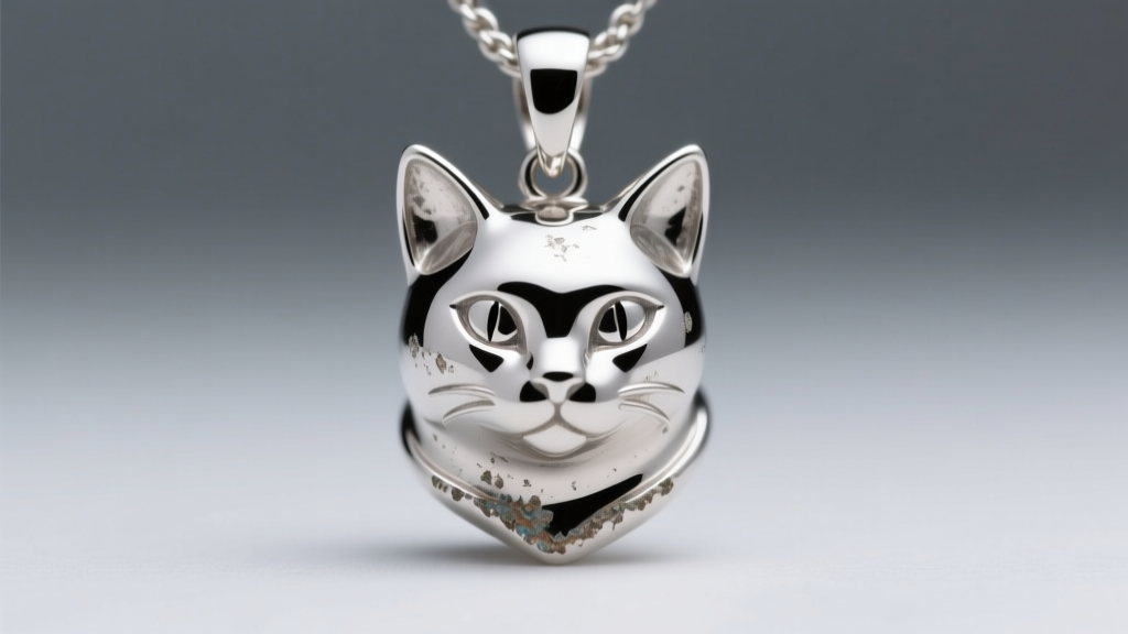 Macro shot of a polished platinum cat pendant showing minor patina and zero deep scratches, lit by cool directional studio light.
