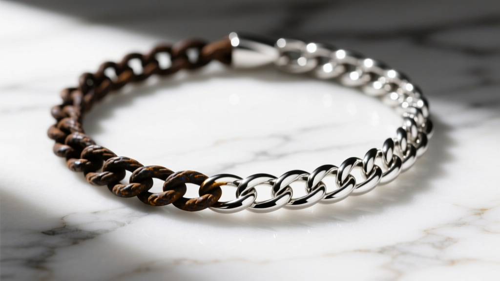 Close-up of a sterling silver rope chain necklace, half heavily tarnished dark brown and half brilliantly polished on white marble