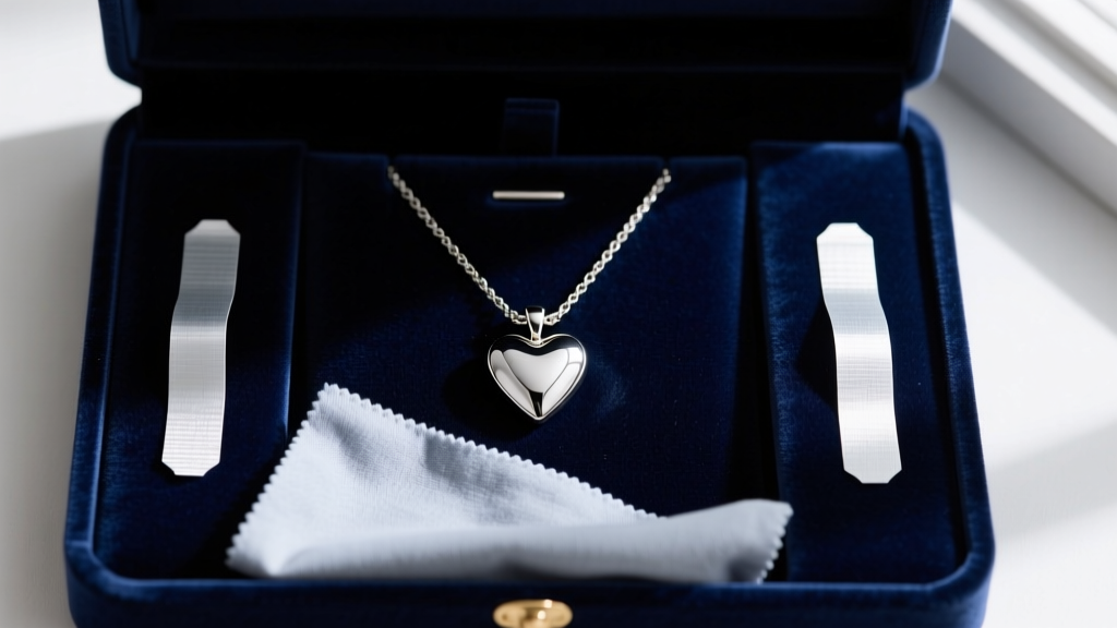 Overhead view of a microfiber cloth, anti-tarnish strips, and a silver heart toggle necklace resting in a dark velvet jewelry box.