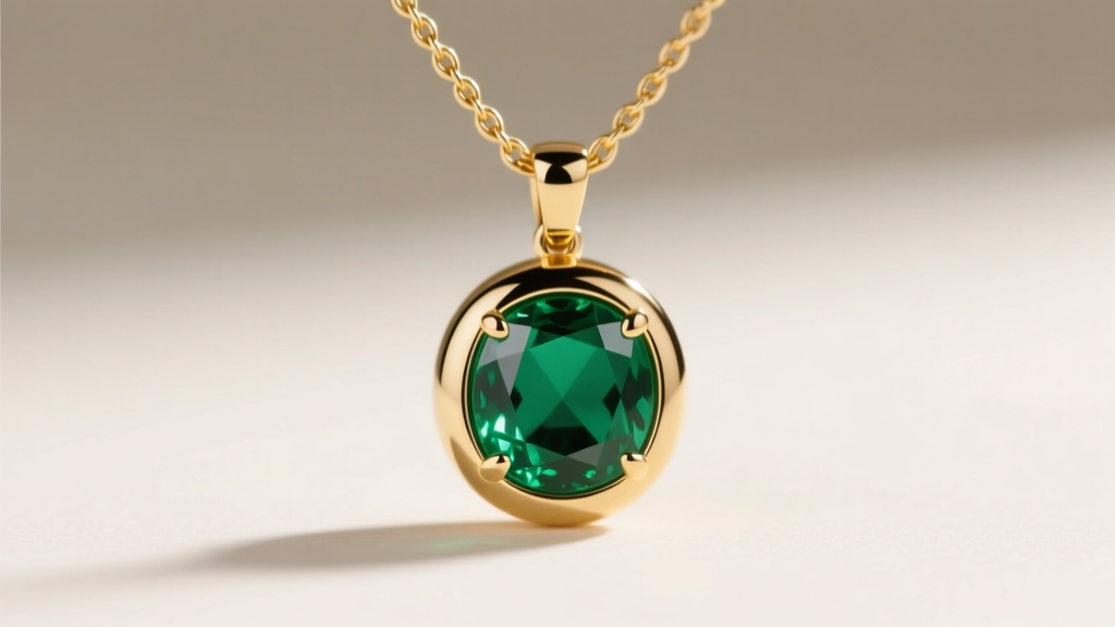 Macro shot of bezel-set emerald pendant on 14k gold cable chain, highlighting the smooth metal rim protecting the gemstone edges