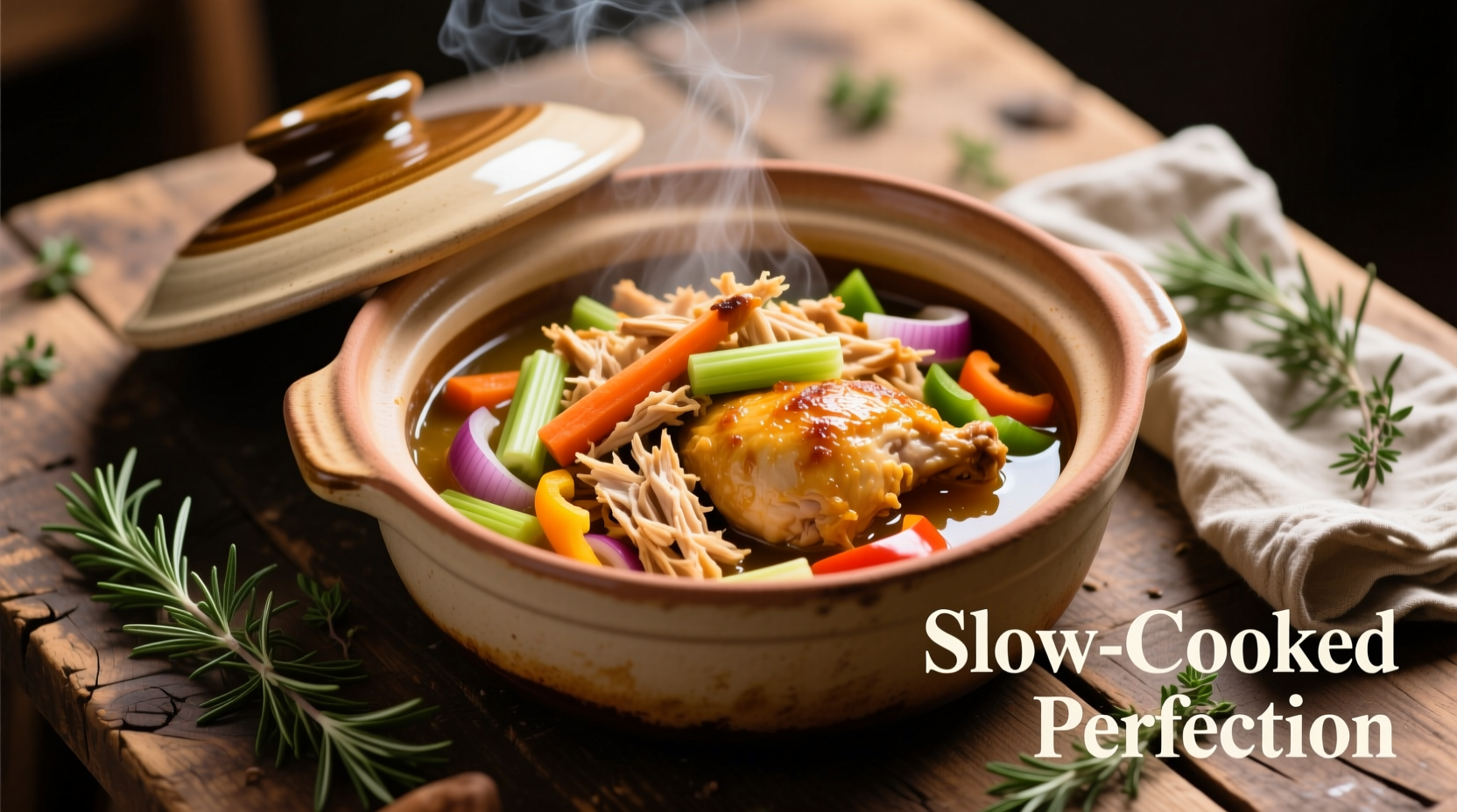 Perfectly cooked shredded chicken in crock pot with vegetables