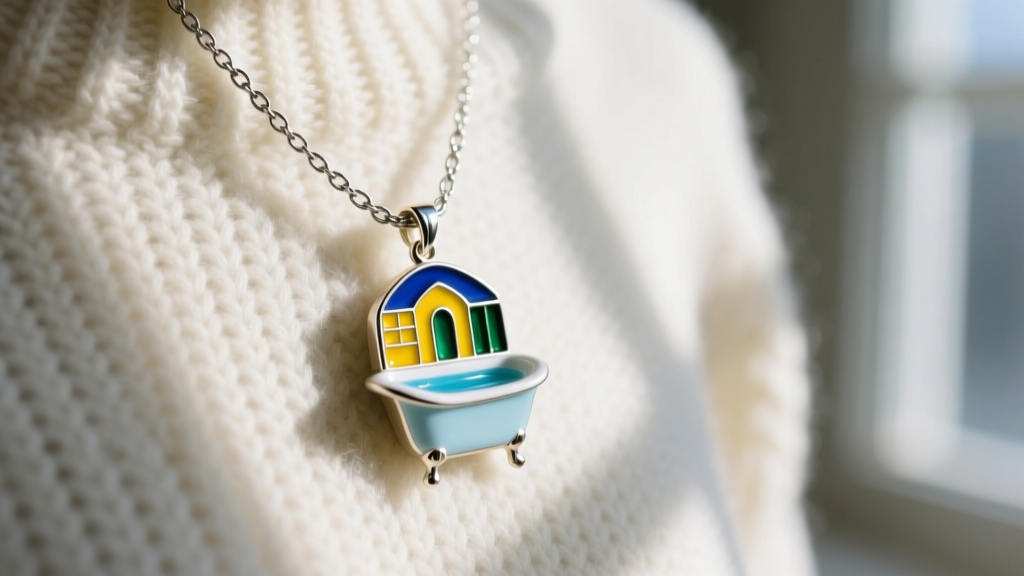 Close-up of a 1.2mm silver cable chain holding a vitreous enamel bathhouse necklace stardew pendant against a cozy knit sweater