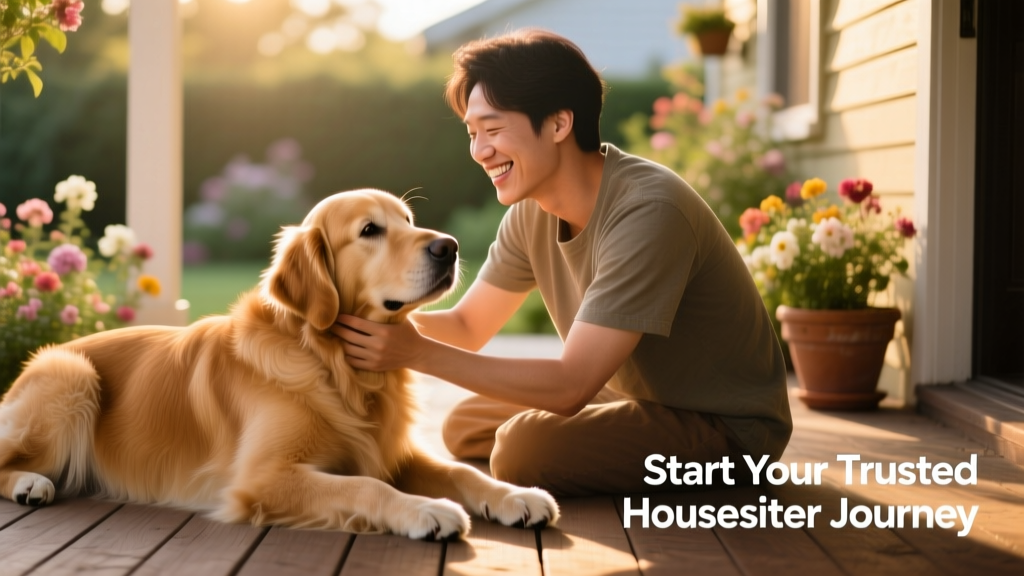 Smiling person gently petting a golden retriever on a sunlit porch