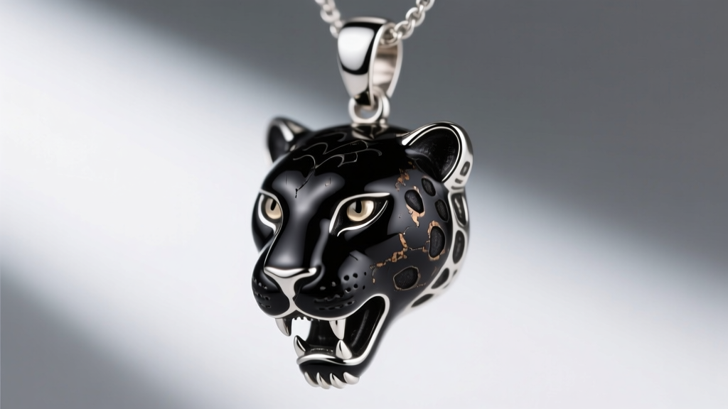 Macro shot of a 925 sterling silver black panther pendant with deep liver of sulfur oxidation and black enamel accents