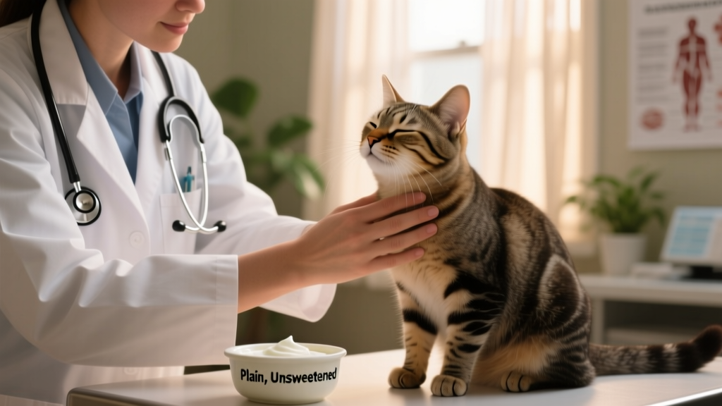 Close-up of a veterinarian gently examining a cat during a wellness check, with a small dish of plain yogurt nearby