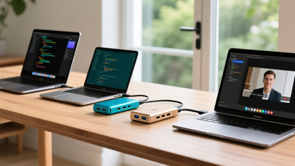 A lineup of four budget-friendly USB-C hubs connected to laptops on a minimalist wooden desk