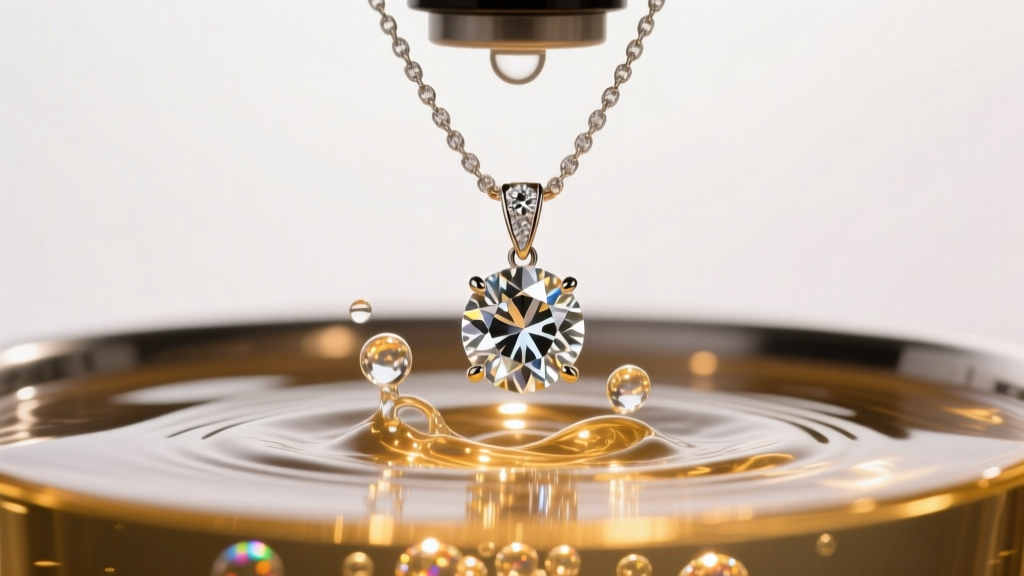 Close-up of a diamond pendant necklace submerged in an ultrasonic cleaner with bubbling water under bright, warm studio lighting