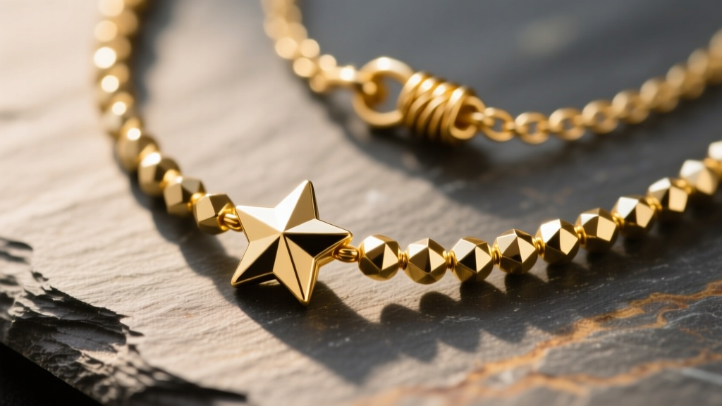 Macro shot of a gold star bead necklace on slate showing faceted 2mm beads, sharp points, and a wire-wrapped clasp in soft light.