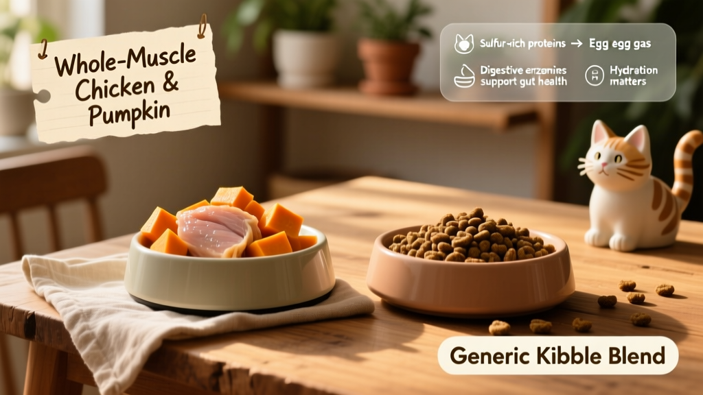 Side-by-side comparison of two cat food bowls: one with whole-muscle chicken and pumpkin, the other with a generic kibble blend
