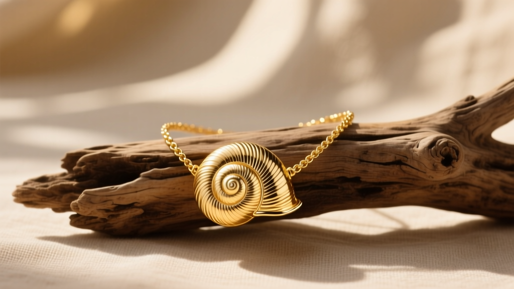 14k gold snail shell necklace resting on driftwood, illuminated by warm dappled sunlight against a soft beige linen background.