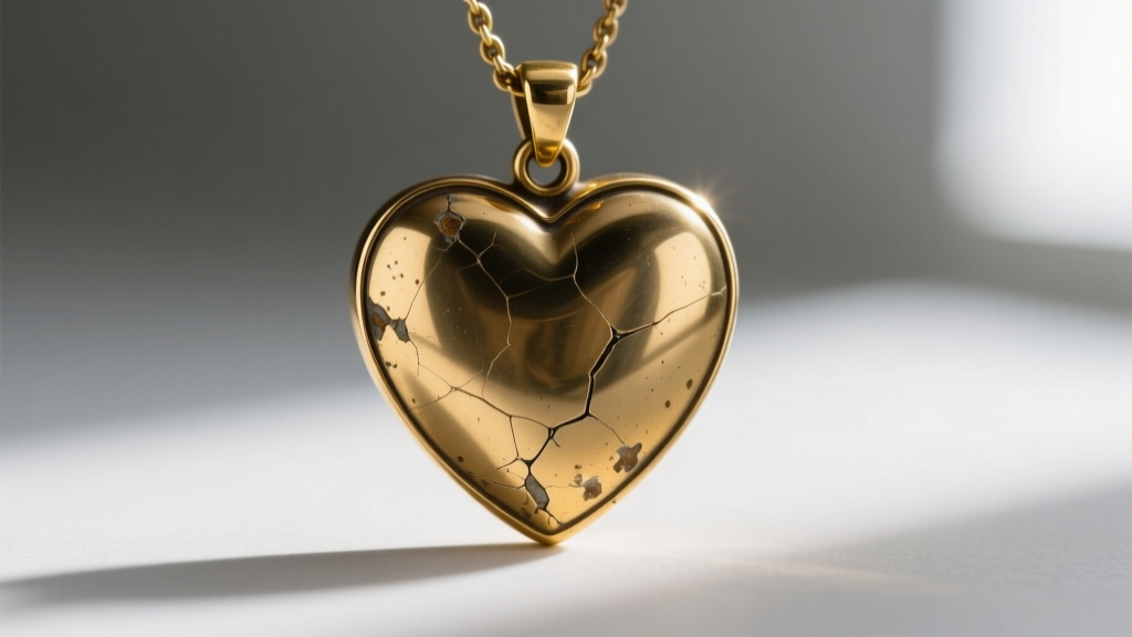 Extreme close-up of vintage Avon heart pendant showing brass base metal exposed through worn gold electroplating on the edges.