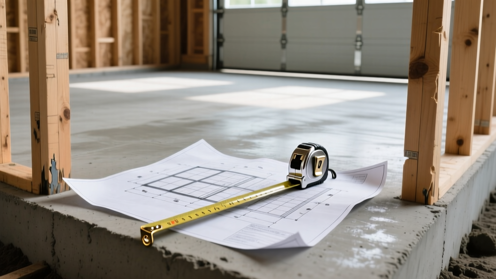 Architectural blueprints and a tape measure on a fresh concrete slab foundation framed by wooden 2x4 studs for a two-car garage