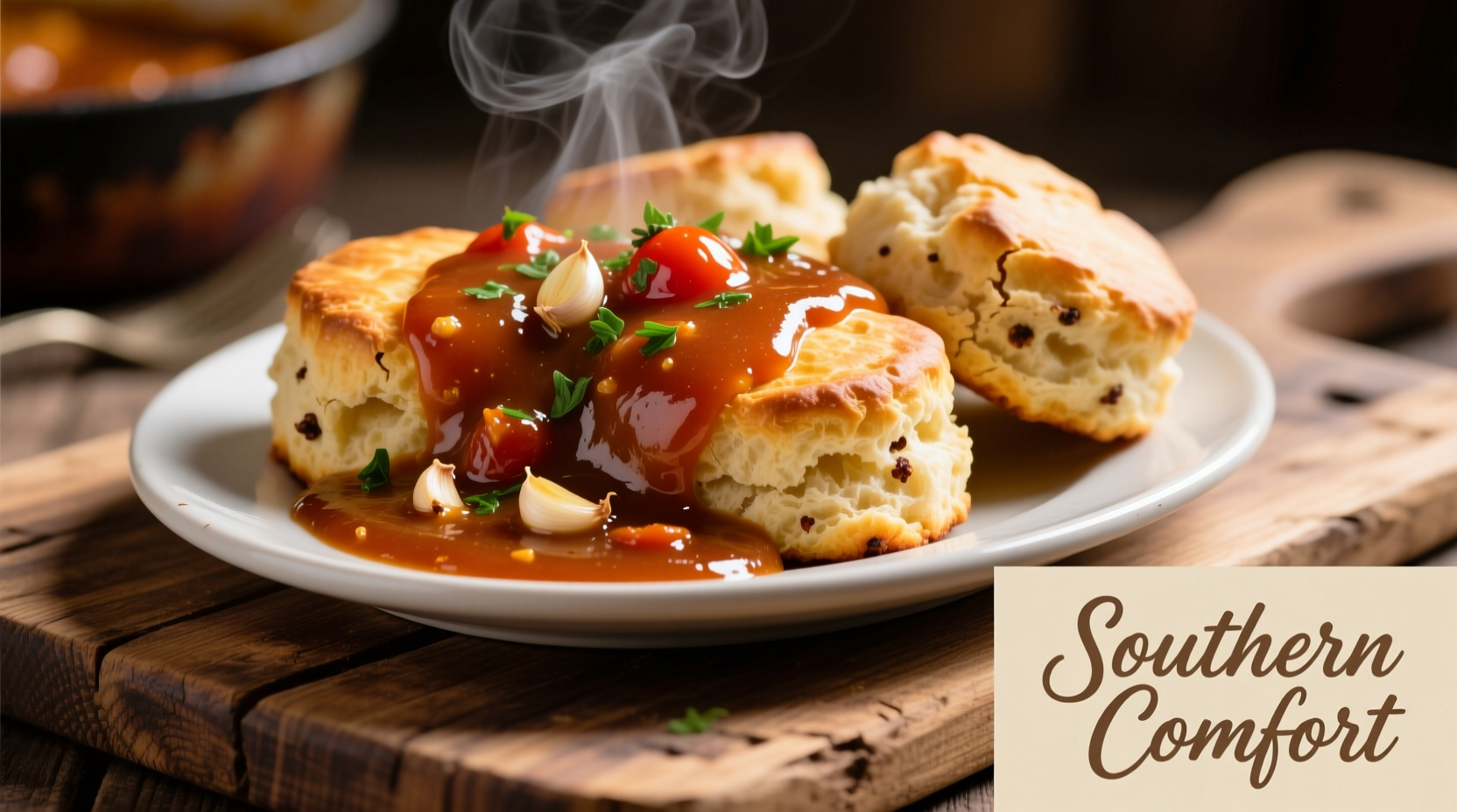 Southern tomato gravy poured over golden biscuits
