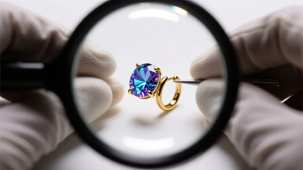 Jeweler inspecting the prong setting of a gold mystic topaz huggie earring under a 10x loupe using a bright LED ring light.