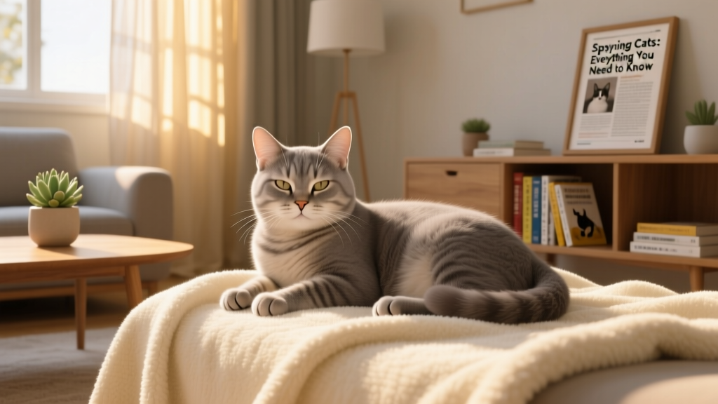 Happy, relaxed indoor cat resting peacefully on a soft blanket