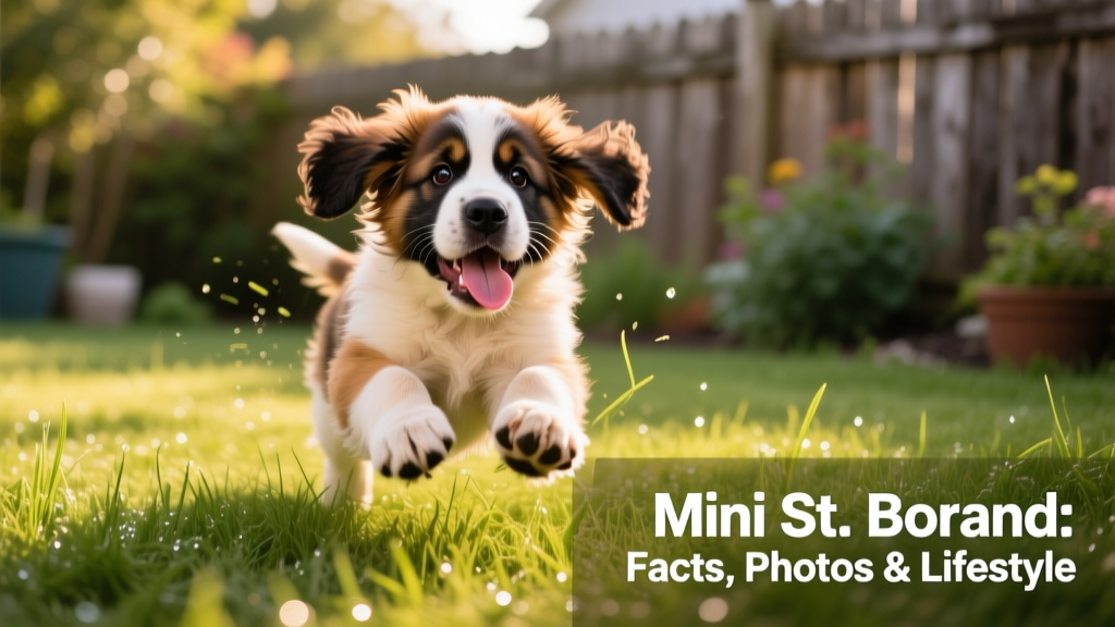 Mini St. Bernard puppy playing fetch in a grassy yard, highlighting its energy and joyful expression