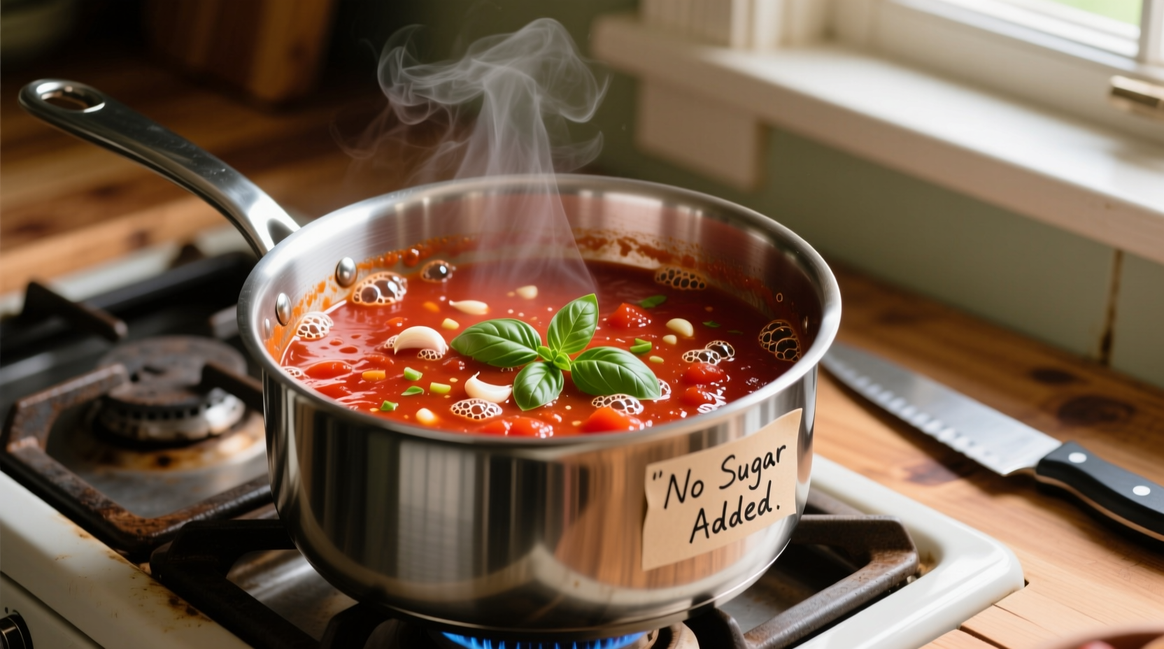 Homemade low sugar tomato sauce simmering in stainless steel pot