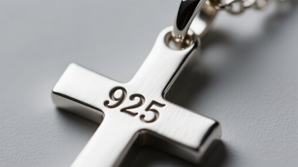 Macro close-up of a 925 hallmark stamped on a silver cross pendant bail, showing sharp typography against brushed metal