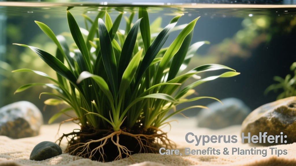 Cyperus helferi growing densely in a well-lit freshwater aquarium, showcasing its slender, dark green leaves emerging from a compact base