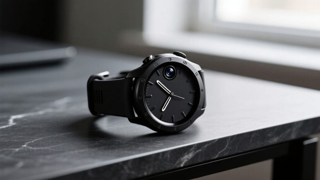 Close-up of a matte black tactical smartwatch with a concealed 1mm pinhole camera lens in the bezel resting on a dark slate desk.