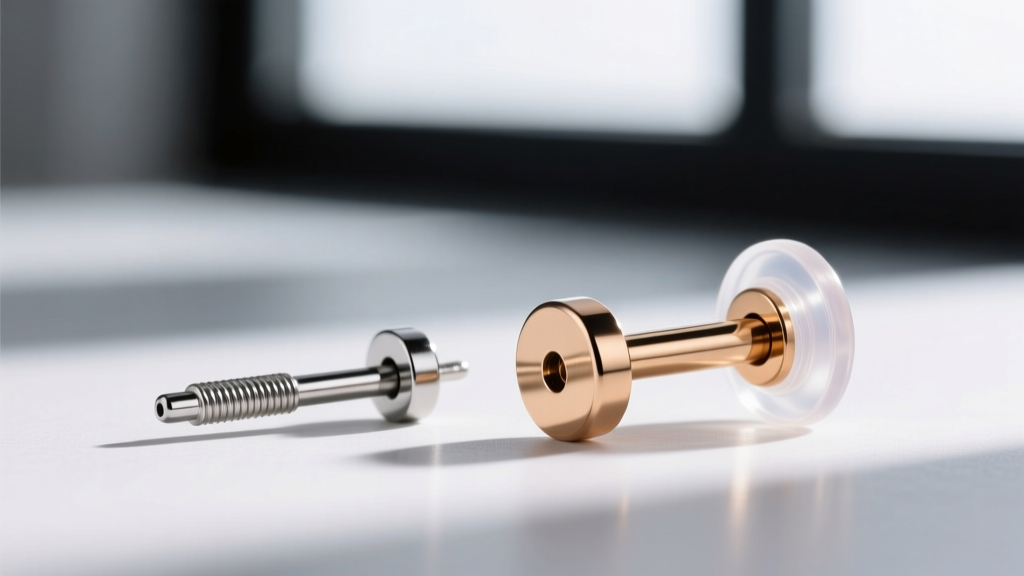 Side view of a 20-gauge steel earring post next to an 18-gauge implant-grade titanium post with a clear silicone friction back