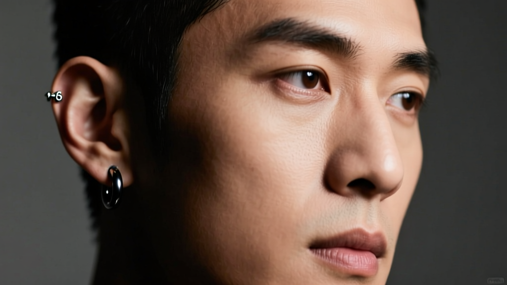 Close-up of a stylish man wearing a single 16-gauge titanium black hoop in his left ear lobe under moody studio lighting.