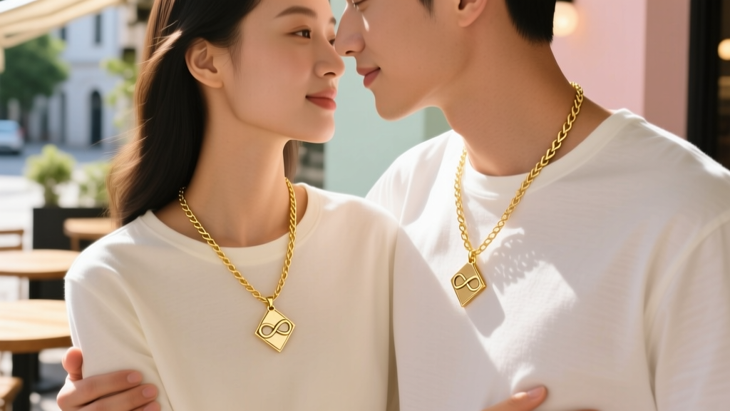Close-up of a couple wearing matching 14k gold wheat chain necklaces with geometric pendants resting against casual cotton shirts
