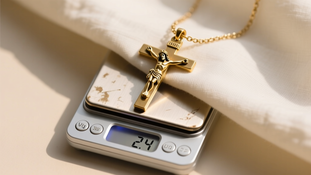 A digital jewelry scale displaying 2.4 grams next to a vintage inherited gold-plated Jesus on a cross pendant with worn edges