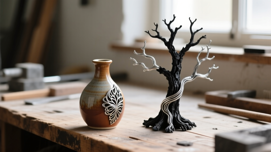 Workbench showing a ceramic flask and burnt-out wax tree used to cast organic botanical branch jewelry pieces in sterling silver.