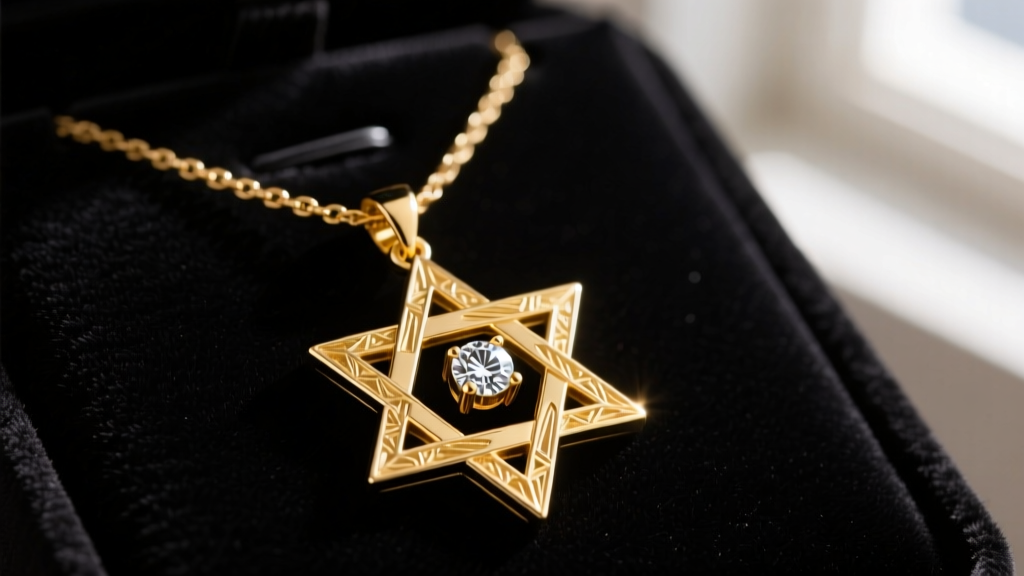 A 14k yellow gold bracha star necklace on dark velvet, highlighting a Magen David pendant with a central diamond accent.
