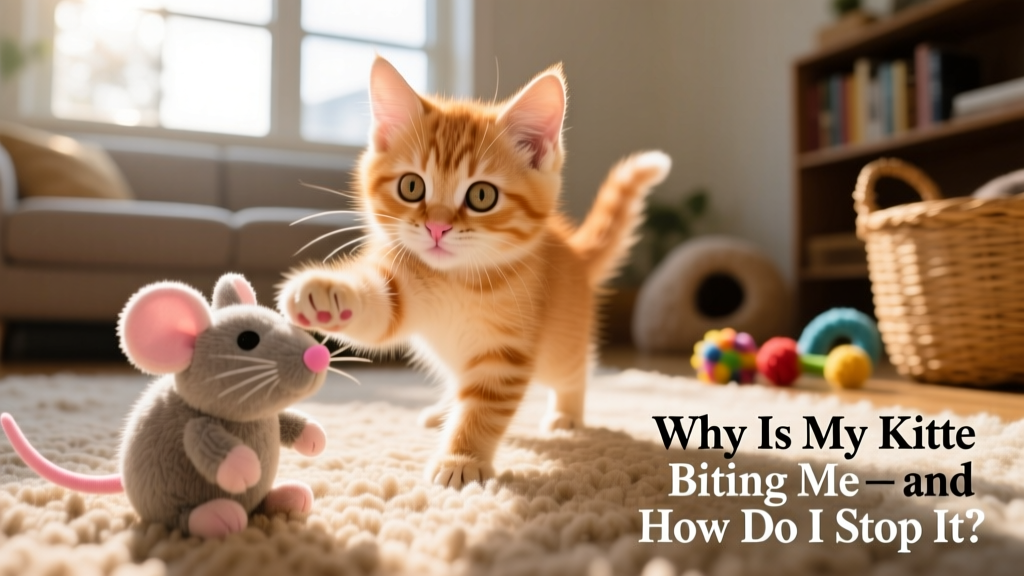 A playful kitten gently batting at a soft plush toy instead of a human hand