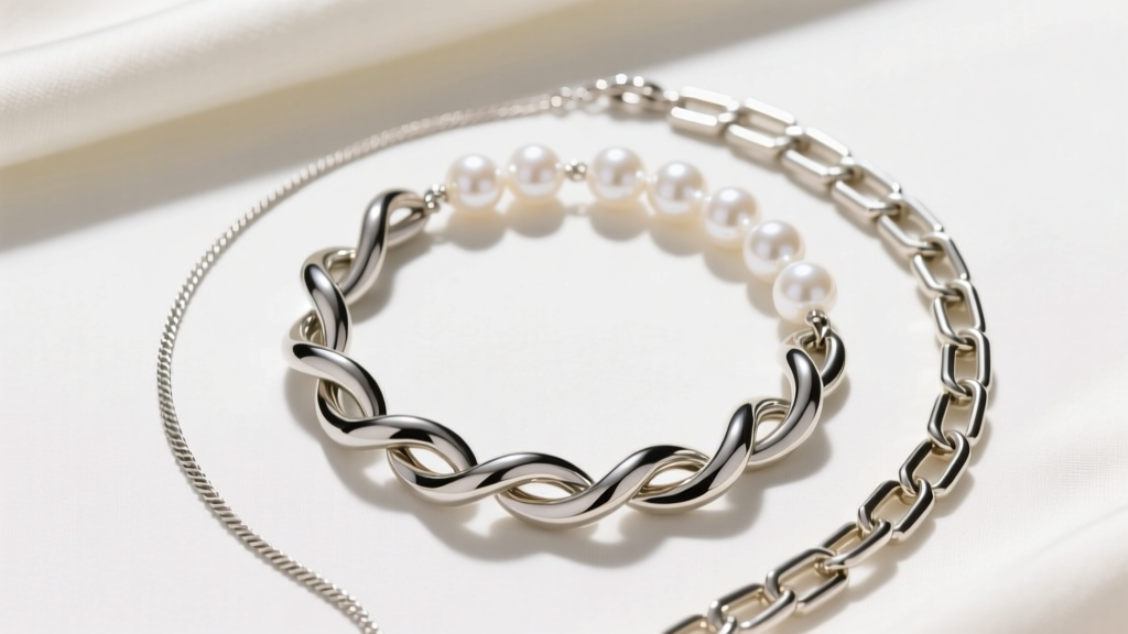 Flat lay of chains for lariat pearl necklaces showing a kinked snake chain a 0.8mm cable chain and a structured box chain