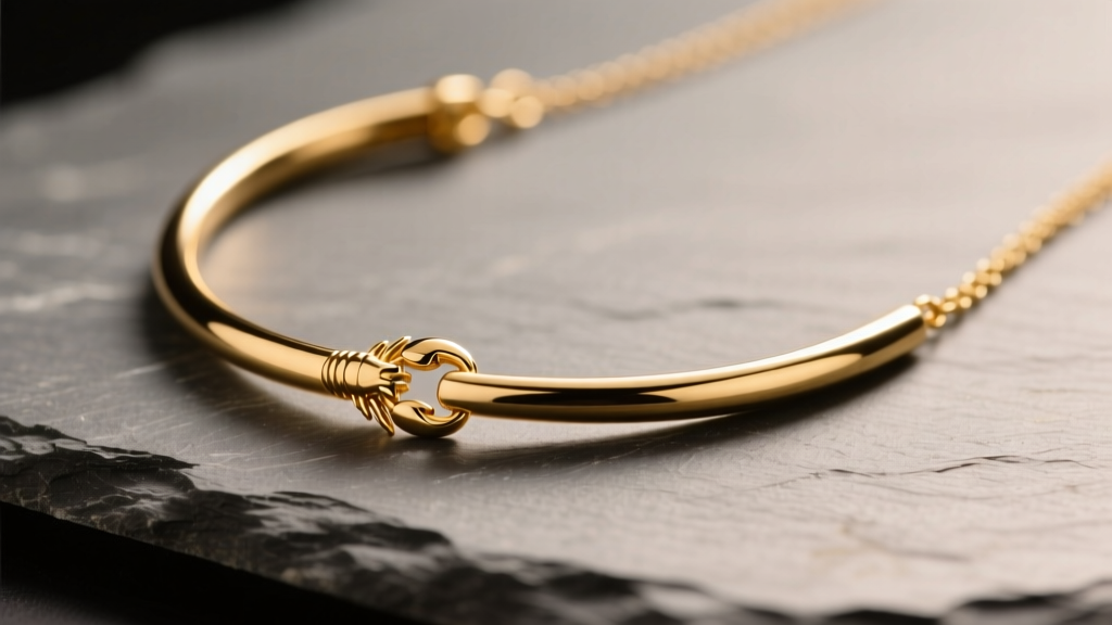 Macro shot of a 14k gold curved bar necklace on slate, showing the subtle arch and lobster clasp under warm studio lighting
