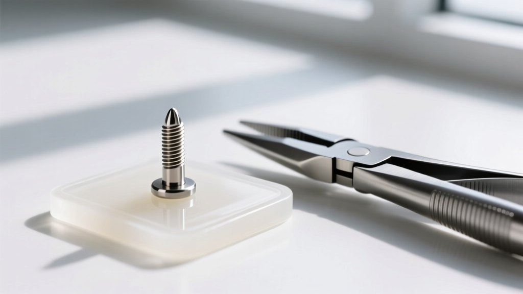 Macro shot of a 16-gauge internally threaded titanium labret stud on a silicone mat next to sterilized steel hemostat pliers.