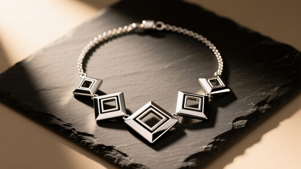Flat lay of a Silpada sterling silver statement necklace with geometric pendants on dark slate under warm studio lighting