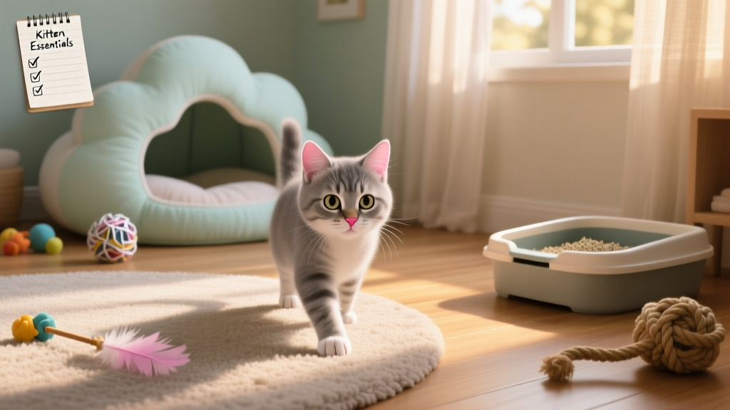 A curious, wide-eyed kitten exploring a cozy, kitten-proofed room with a soft bed, toys, and a shallow litter box