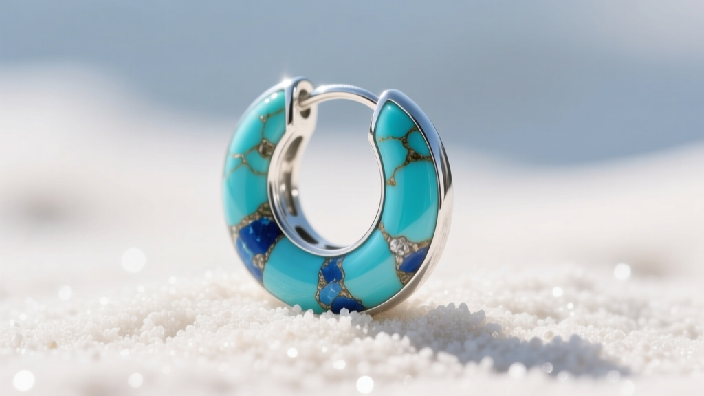 Macro shot of natural turquoise and sterling silver hoop earring showing stone matrix, resting on white sand under bright sunlight