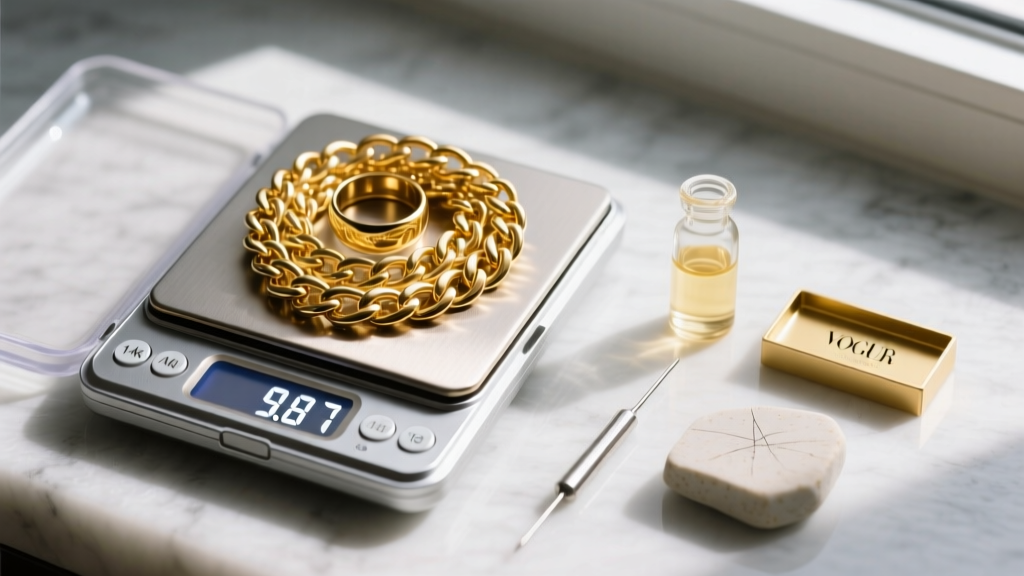 Close-up of a digital jewelry scale weighing a tangled pile of 14k yellow gold chains and rings, with a gold testing acid kit nearby.