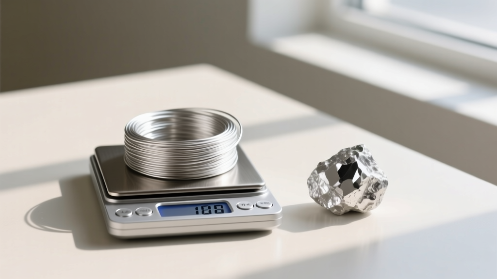 Digital scale weighing a one-ounce coil of half-hard 18-gauge sterling silver wire for jewelry beside a polished raw silver nugget