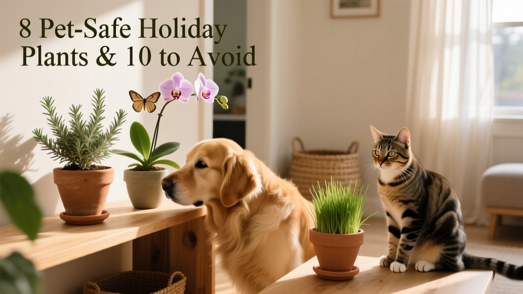 A dog gently sniffing a high shelf holding a rosemary plant and a moth orchid, while a cat sits nearby beside a small pot of cat grass