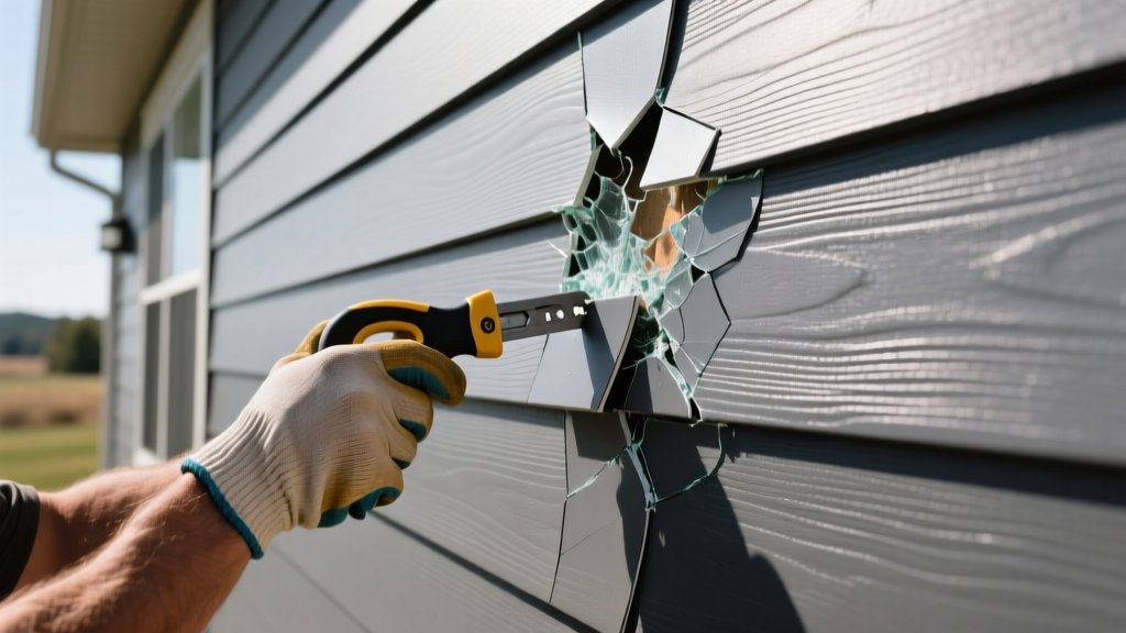 Contractor using a zip tool to replace a cracked vinyl panel next to pristine dark gray fiber cement lap siding on a home exterior