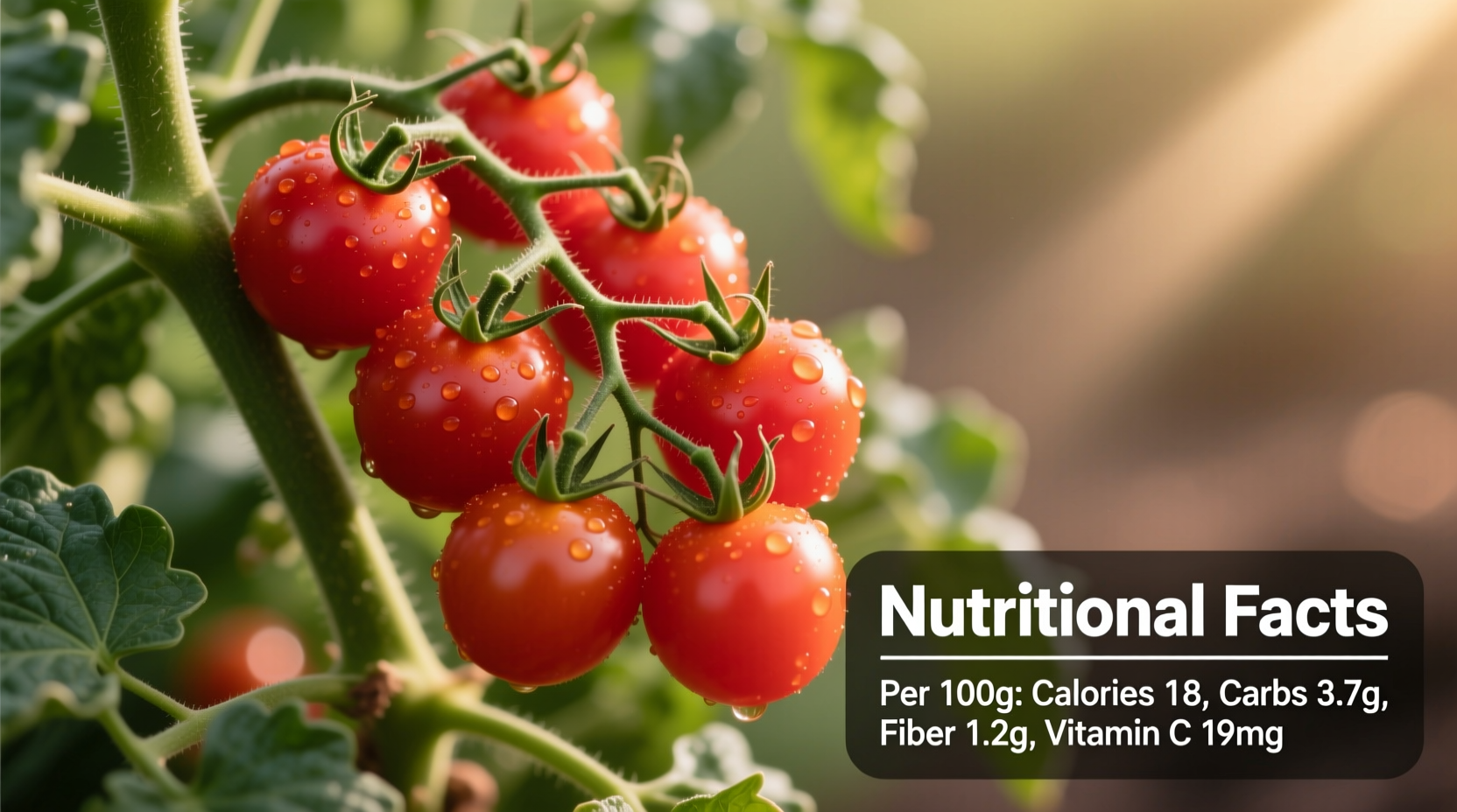 Fresh grape tomatoes on vine with nutritional facts