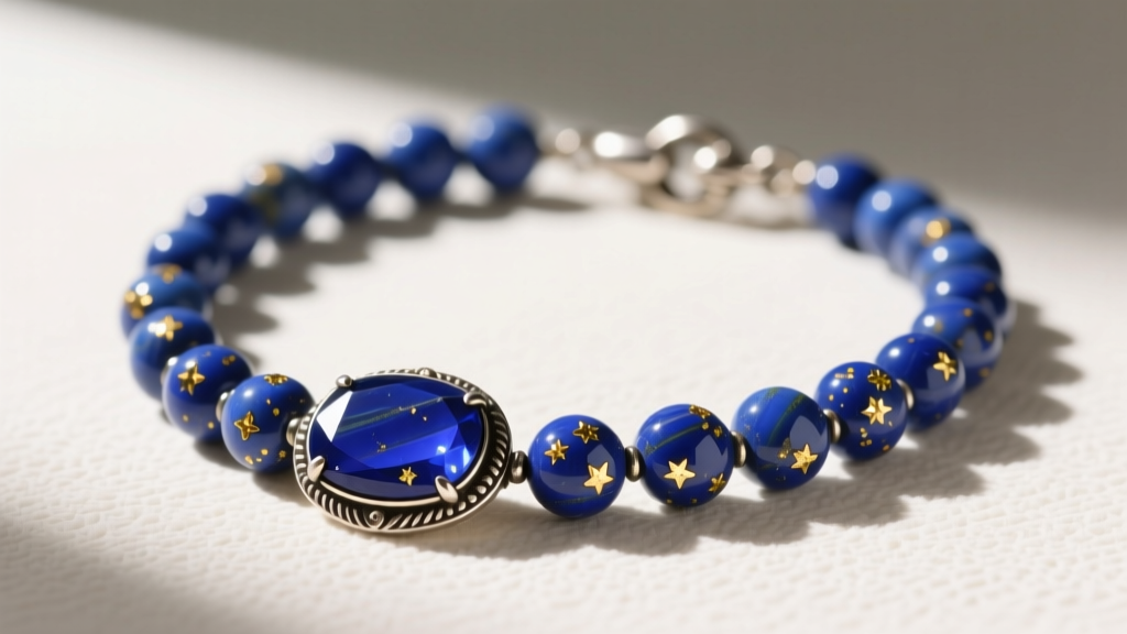Close-up of a 1970s vintage blue necklace with raw lapis lazuli beads showing golden pyrite flecks and a silver clasp detail.