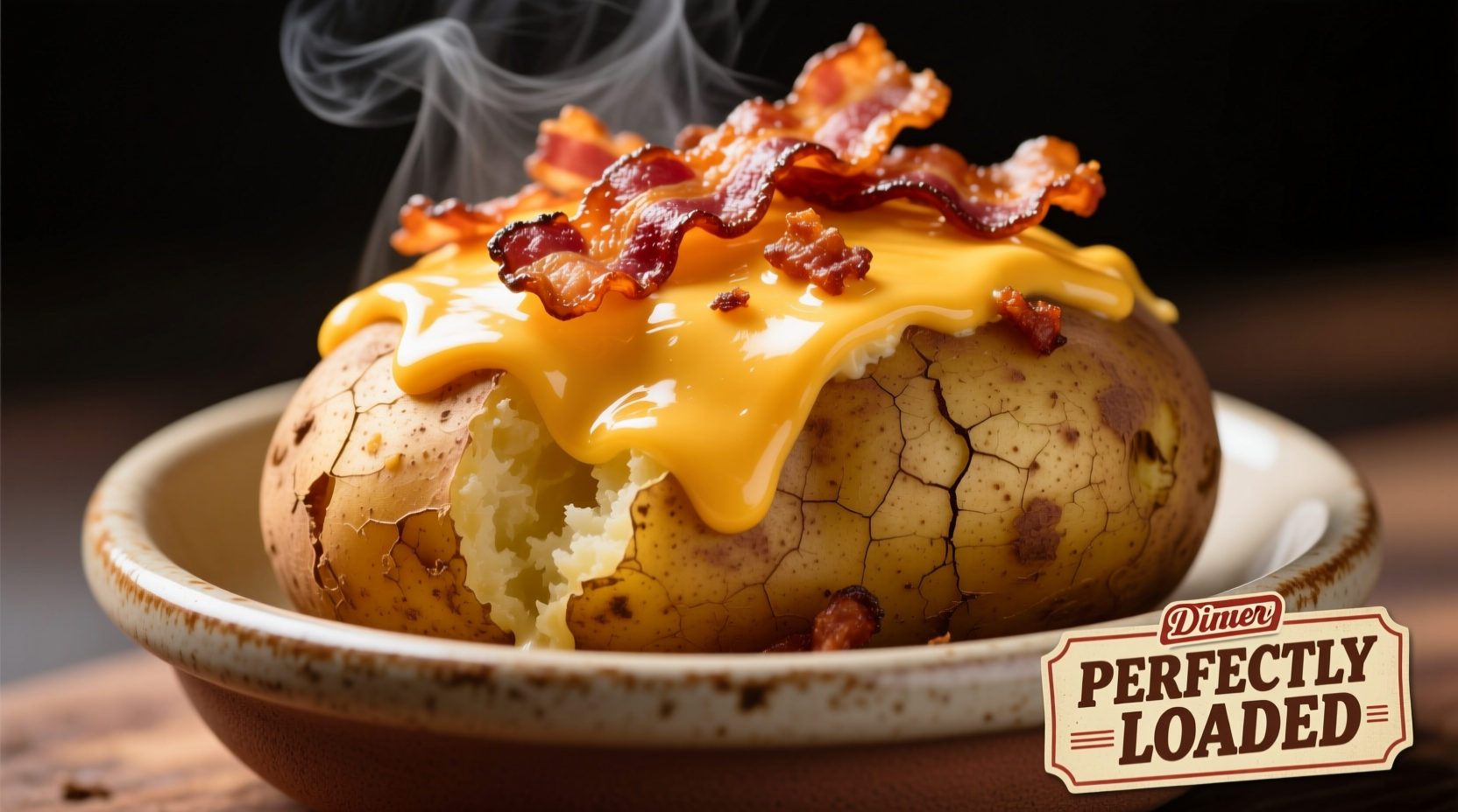 Perfectly loaded baked potato with melted cheese and crispy bacon