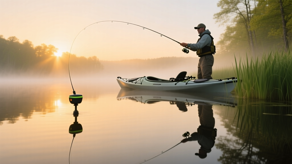 Angler casting a smart castable sonar device into a misty spring lake at dawn with a fully rigged kayak in the background