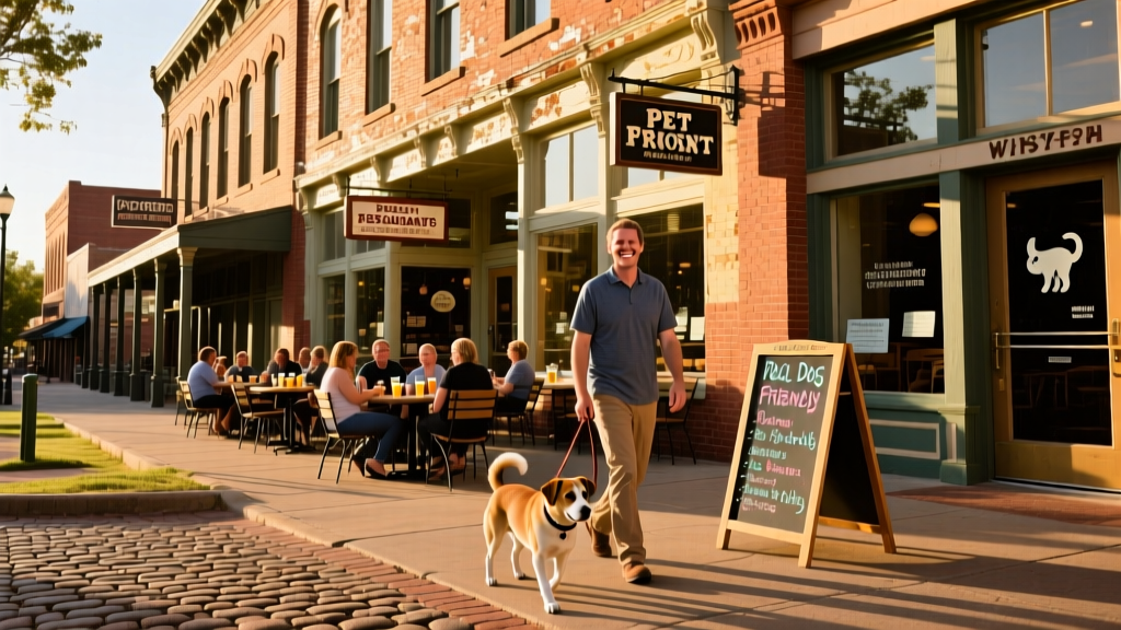 A wide shot of Whiskey Row in Prescott showing historic brick buildings, outdoor seating, and a leashed dog walking beside its owner